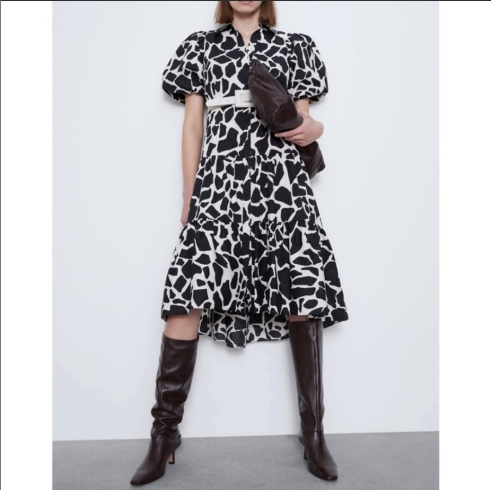WOMEN'S BRAND NEW ZARA ANIMAL PRINT BLACK & WHITE BUBBLE SLEEVE DRESS SZ S $60